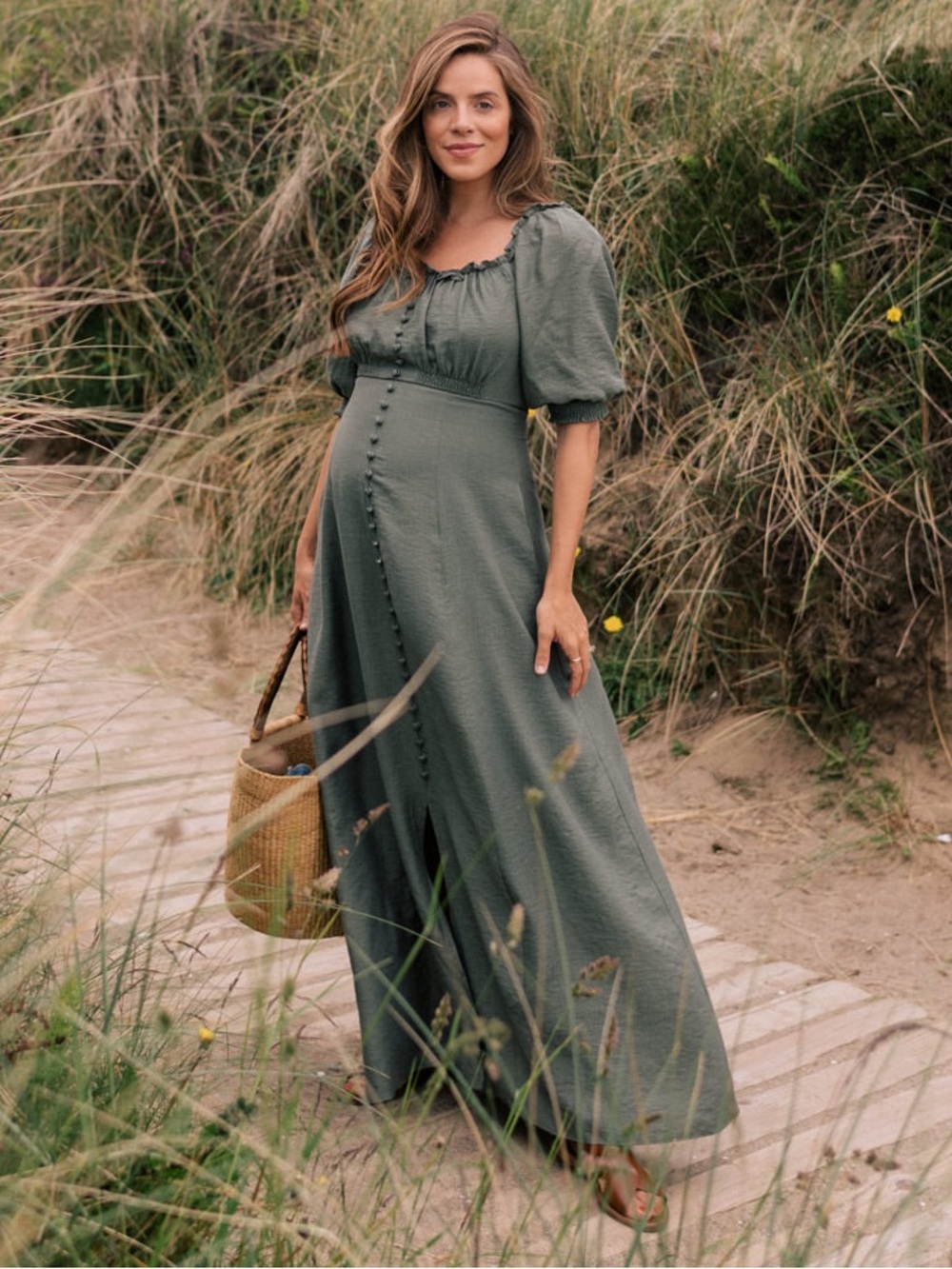Gal Meets Glam Joanna Shirred Neck Button Front Maxi Dress